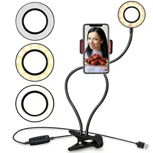 2-in-1 Desktop Clip Phone Holder with Ring Light, 3.5-inch flexible gooseneck adjustable reading lamp. USB clip-on live stream light with dimmable color temperature, ideal for live broadcasting, makeup and reading use