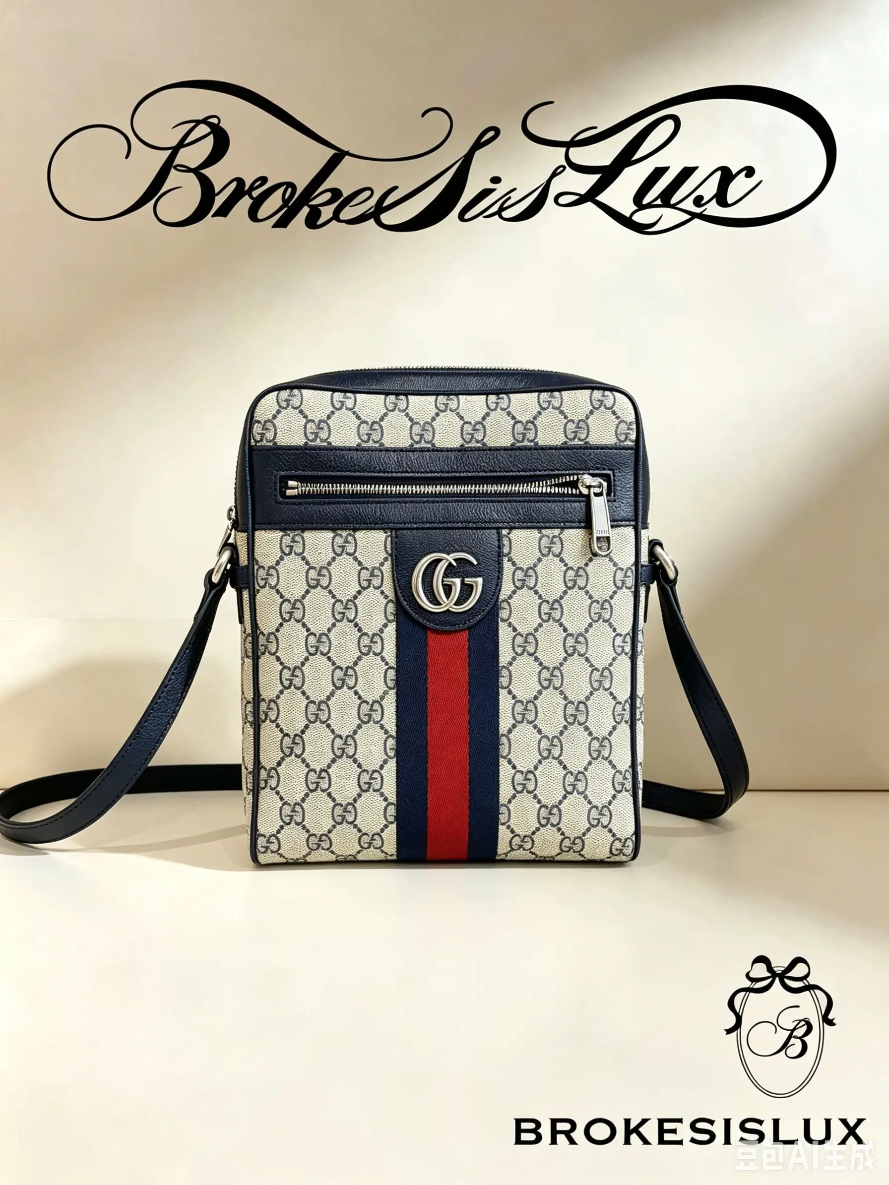Pre-owned GUCCI Ophidia Small Crossbody Bag, Beige GG Supreme Canvas, Navy Leather Trims, Web Red Navy Stripe, Silver Double G Logo, Front Zip Pocket