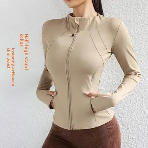 Standing collar running, cycling and yoga sportswear with zippers, long-sleeved, form-fitting and slimming sports coat for wearing outside, sun protection clothing