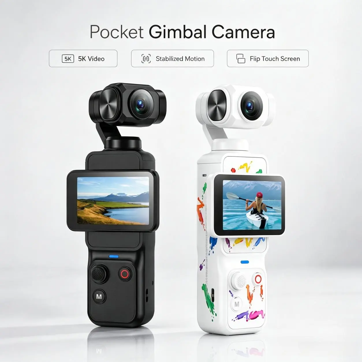 W&O 5K Action Camera for Vlogging, 13MP 2-Axis Gimbal Camera with 270° Auto Rotation, Face Tracking, 90° Rotatable 2.2" Touchscreen, WiFi 4, App Control, Portrait Beauty Mode, 2600mAh Battery for Travel & Content Creation