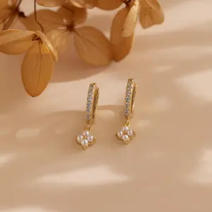 Pearl Ivy Flower Huggies by Caitlyn Minimalist - Dainty Pave Diamond Dangle Hoop Earrings - Vintage Jewelry - Bridesmaid Gift