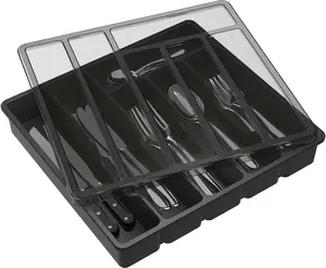 Silverware Organizer with Lid, Covered Utensil Tray for Kitchen Drawer and Countertop, Plastic Cutlery and Flatware Storage Box for Spoons Forks Knives Holder Case, 6 Compartments, Black