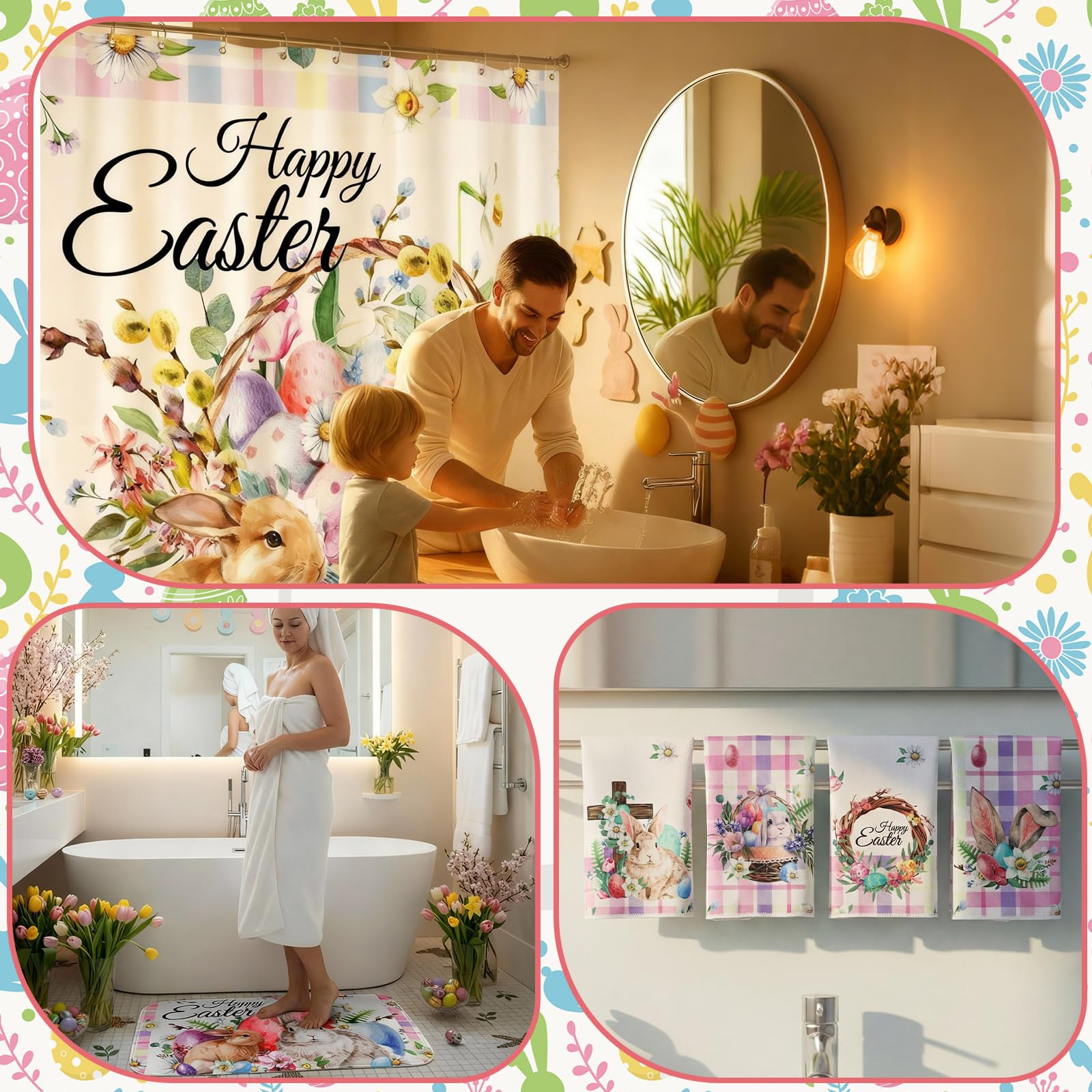 4/8Pcs Easter Bunny Bathroom Decor Set including 70x70in Waterproof Bunny Flower Shower Curtain with Hooks & Non Slip Bath Mat & U shaped Rug & Toilet Lid Cover for Spring Bathroom Makeover Home Supplies
