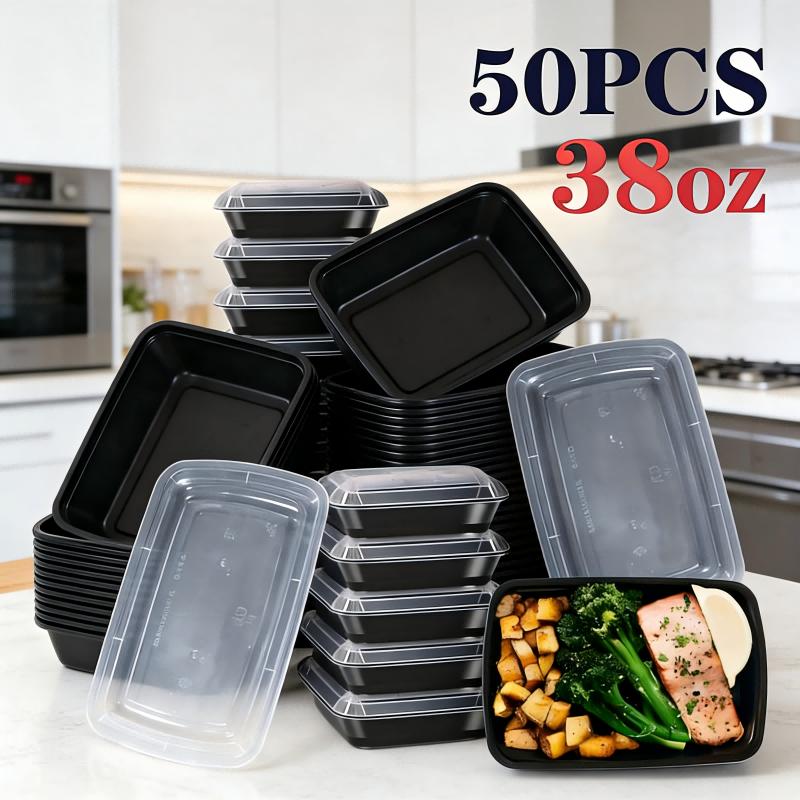 Disposable Black Rectangular Plastic Meal Prep Containers with Stackable Lids - 50 Pieces, 38 oz, Portable Lunch Boxes, Microwave & Dishwasher Safe, Home Kitchen Organizing Supplies, Outdoor Camping Use