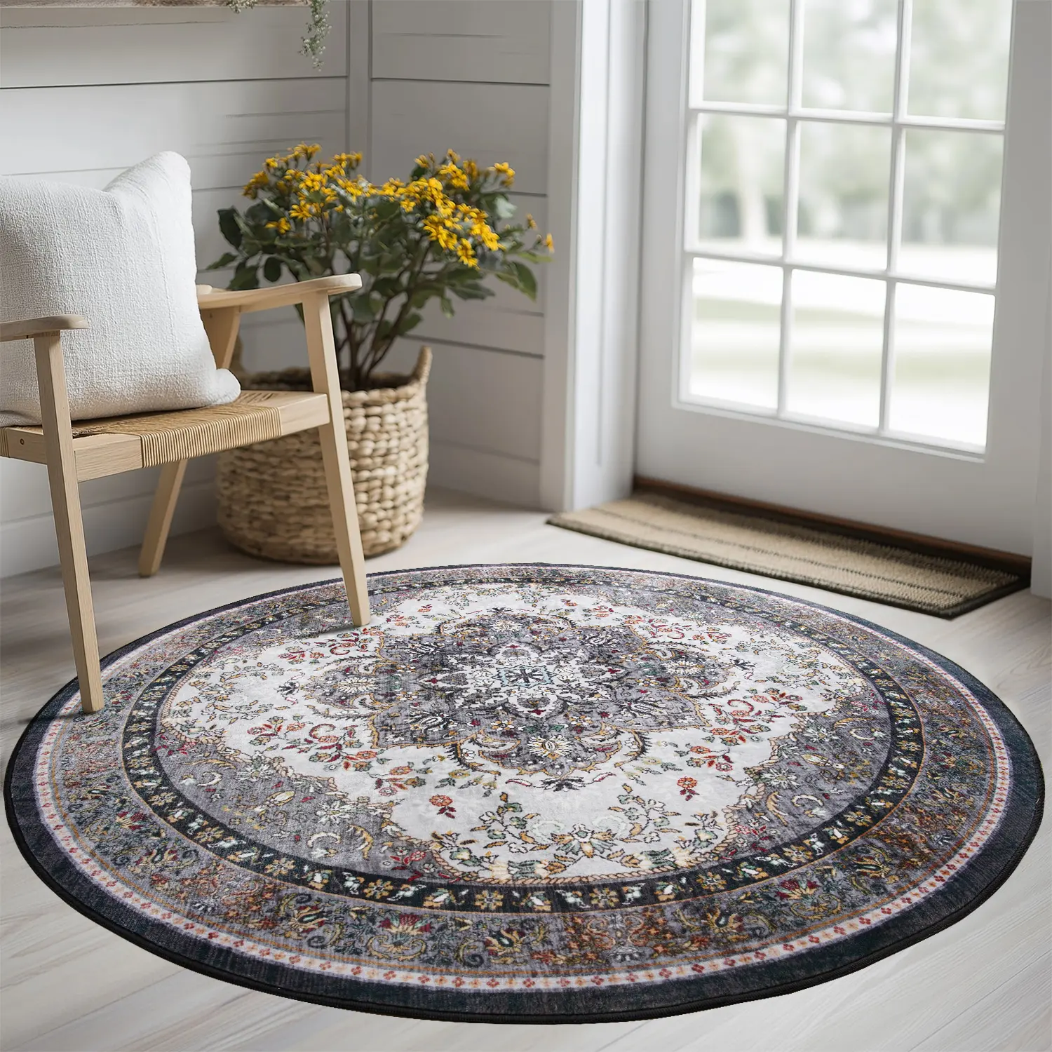4ft Washable Non-Slip Vintage Bohemian Style Round Rug - Soft Non-Shedding Decorative Area Rug with Stain Resistant, Long-Lasting Pile Stays Neat, Stays Put Grip for Living Room, Bedroom