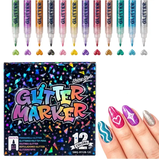 12-Color Glitter Nail Art Pens Set, Nail Supplies Kit with 0.7mm Extra Fine Tip 3D Quick-Dry Markers, Non-Toxic Odor-Free Easy-to-Use Long-Lasting Manicure Tools for Precise Lining, DIY Designs on Multiple Surfaces