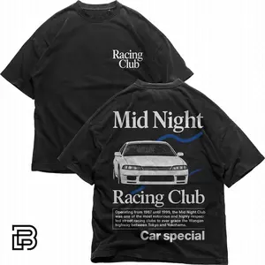 Midnight Racing Club Tee   Streetwear Graphic T-Shirt, 90s Tuner Car Back Print, Boxy Fit, Washed Black, Unisex Drift Shirt