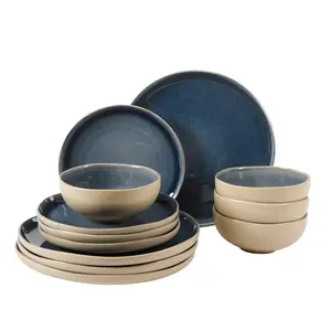 Gibson Elite Manila Bay 12-Piece Stoneware Dinnerware Set, Service for 4, Reactive Glaze Modern Artisan Plates, Bowls & Mugs, Round Design