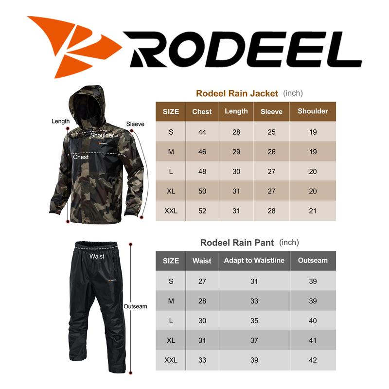 RODEEL 702 Waterproof Jacket and Pants Set Men Lightweight Breathable Full Zip Adjustable Hooded Rain Coat Durable Rain Suit Weatherproof Rainwear Windbreaker For Outdoor Hiking Camping Fishing Boating Construction Landscaping, Holiday Gift