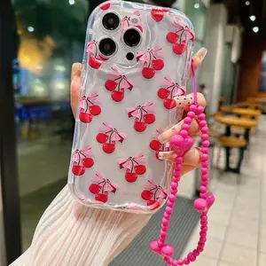 Cherry Bow Pattern Transparent Shockproof Case with Heart-Shaped Lanyard, Durable Phone Protector for iPhone 7-17 Pro Max