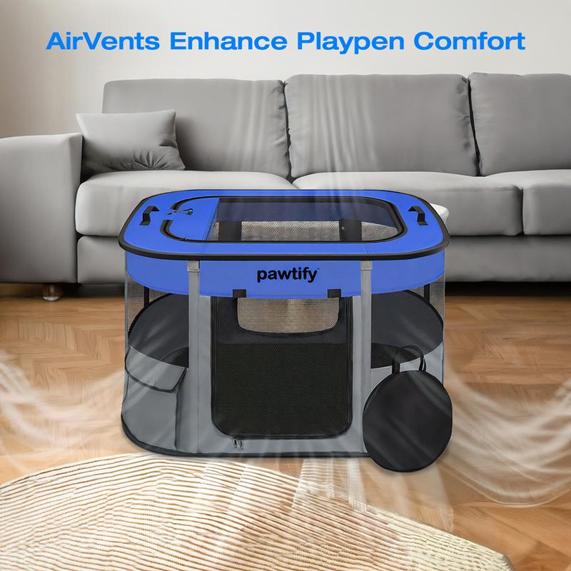 Foldable Dog Playpen for Indoor and Outdoor Use - Portable Pet Pen with Soft Sides, Large Crate for Big, Large Dogs, Cats, Animals - includes Carry Case and Travel Bowl