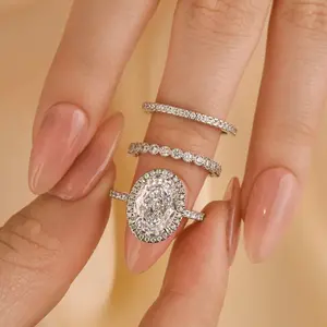 Effinny Jewelry 3.5ct Halo Oval Cut 3PCS Wedding Ring Set, S925 Sterling Silver Bridal Ring, 5A Grade Cubic Zirconia Women's Ring for Travel