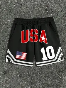 Men's USA Flag Print Pocket Jogger Shorts, Patriotic Graphic Shorts, Regular Fit Casual Comfy Breathable Shorts for Summer, Men's Bottoms for Daily Wear, Letter Print Shorts