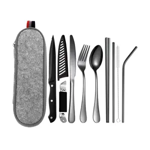 10-Piece Stainless Steel Travel Cutlery Set for 1 Person, Reusable Flatware Set with Storage Box, Camping Work Meal Kit, Handy Set Utensils, Camping Kitchenware, Camping Equipment