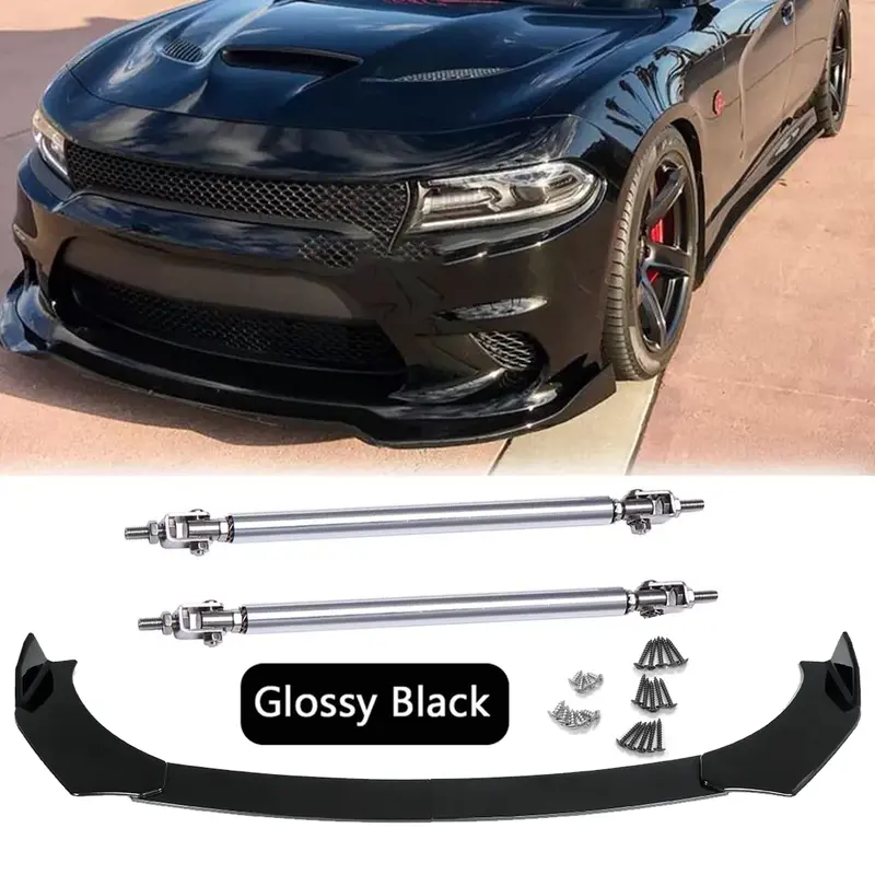 Front Bumper Chin Lip Spoiler Splitter + Strut Rods, Car Accessories, Accessories for Car, Auto Mod for Dodge Charger RT SRT SXT
