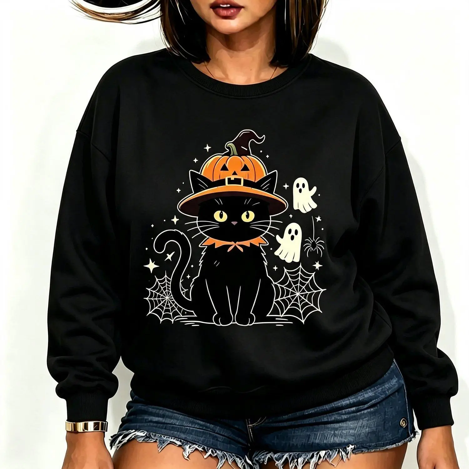 Spooky Season Halloween Black Cat With Ghosts Witch Pumpkin And Spider Web For Fall Graphic Crew neck sweatshirt Ladies Casual Seasonal Top
