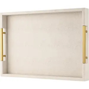 Beige Faux Leather Serving Tray with Handles - Large Decorative Tray for Coffee Table, Ottoman, Living Room, Bathroom -  Decor