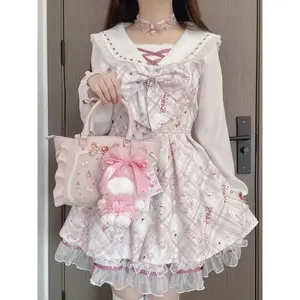 2025 Japanese Sweet Lolita Kawaii Dress Women Spring Printed Bow Fake Two Piece Dress Female Korea Style Design Party Clothing