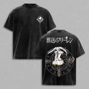 Frieren Beyond Journey’s End Vintage Washed Oversized T-Shirt, Magic Journey Elf Anime Graphic Tee, Unisex Streetwear Soft Cotton Top Outfit for Men, Casual Gift for Anime Lovers