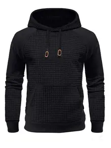 Men's solid color waffle, horizontal striped, Fitted hoodie, raglan sleeve style, kangaroo pocket, ribbed cuffs, can be worn in layers and alone, suitable for daily street, campus, light leisure, men's long-sleeved sweatshirt, Casual Hooded Sweatshirt