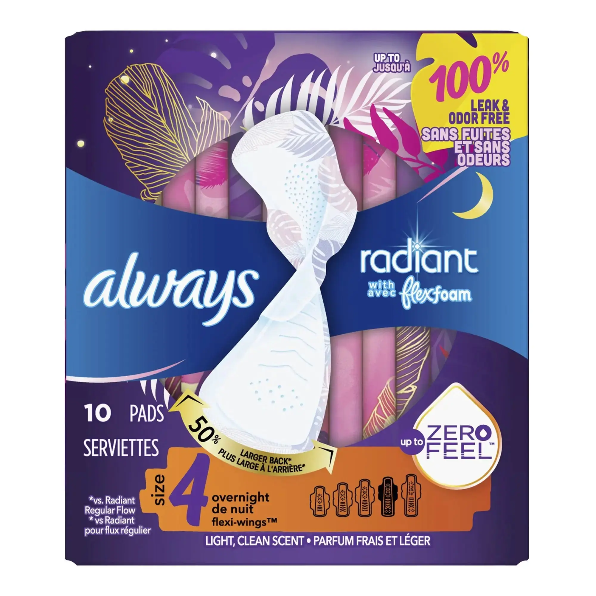 Always Radiant with FlexFoam Wings Pads, Overnight Absorbency, Size 4, Light Clean Scent, #03700081811