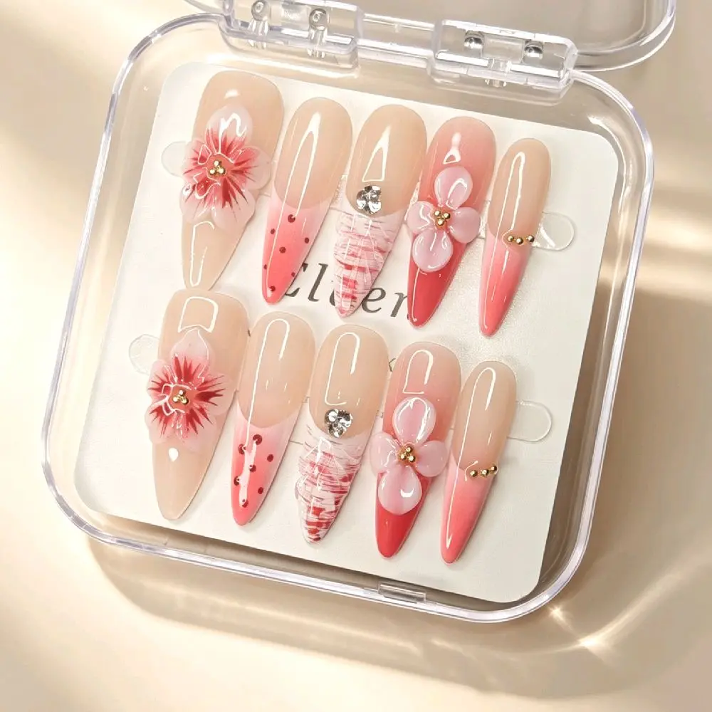 Handmade Nude Pink Press On Nails - Ombre Base with 3D Cherry Blossoms, Hand-Painted Patterns & Rhinestones, Long Stiletto Reusable Fake Nails, Salon Quality