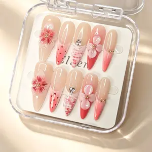 Handmade Nude Pink Press On Nails - Ombre Base with 3D Cherry Blossoms, Hand-Painted Patterns & Rhinestones, Long Stiletto Reusable Fake Nails, Salon Quality