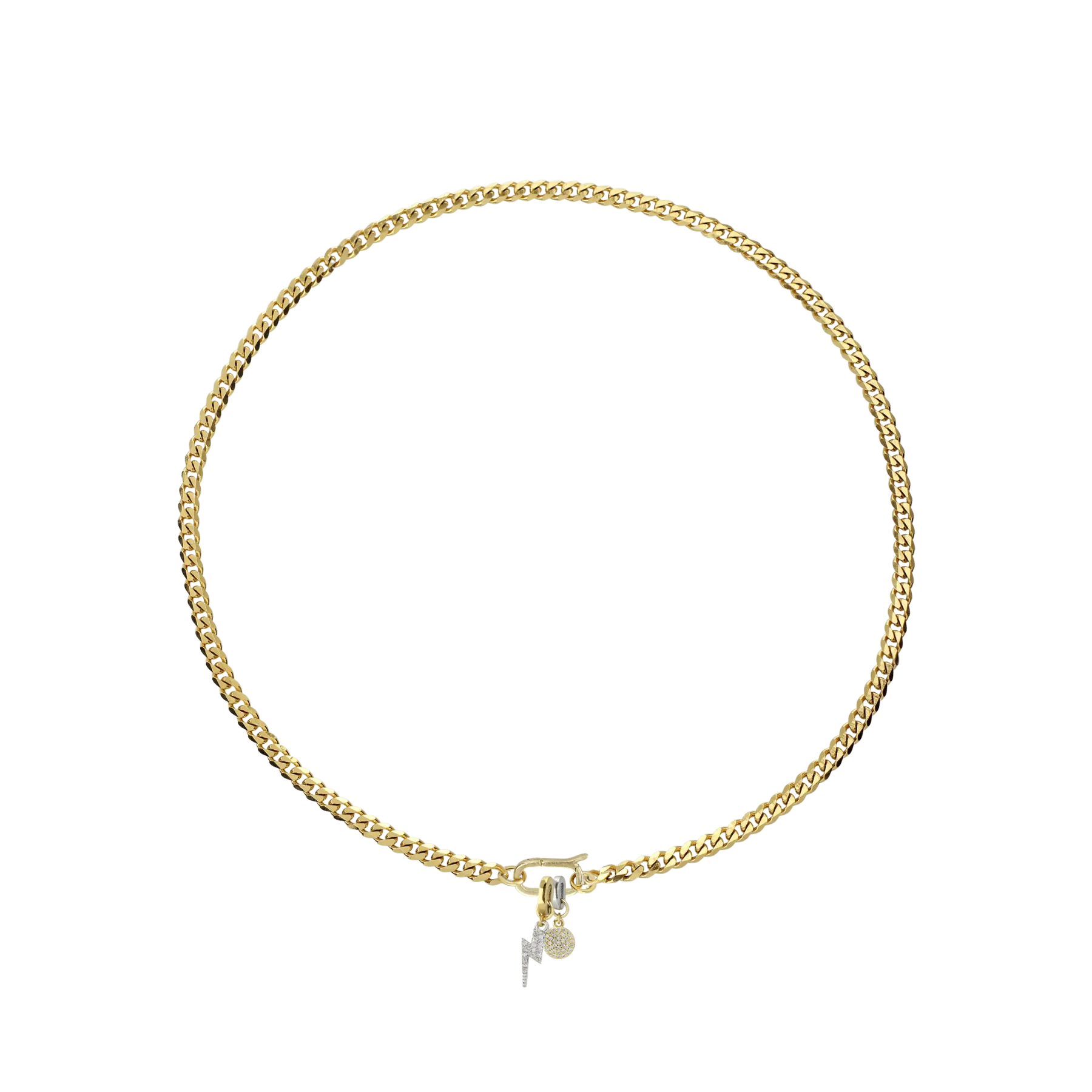 Gold Cuban Link Necklace Chain with Pave Zirconia Lightning Bolt & Circle Charms - Includes Only Thin Chain, Cuban Chains