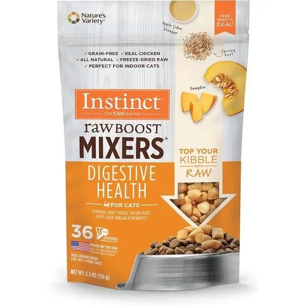 Instinct Raw Boost Mixers, Freeze Dried Cat Food Toppers with Functional Ingredients, Grain Free, Real Chicken - Digestive Health, 5.5 oz Bag