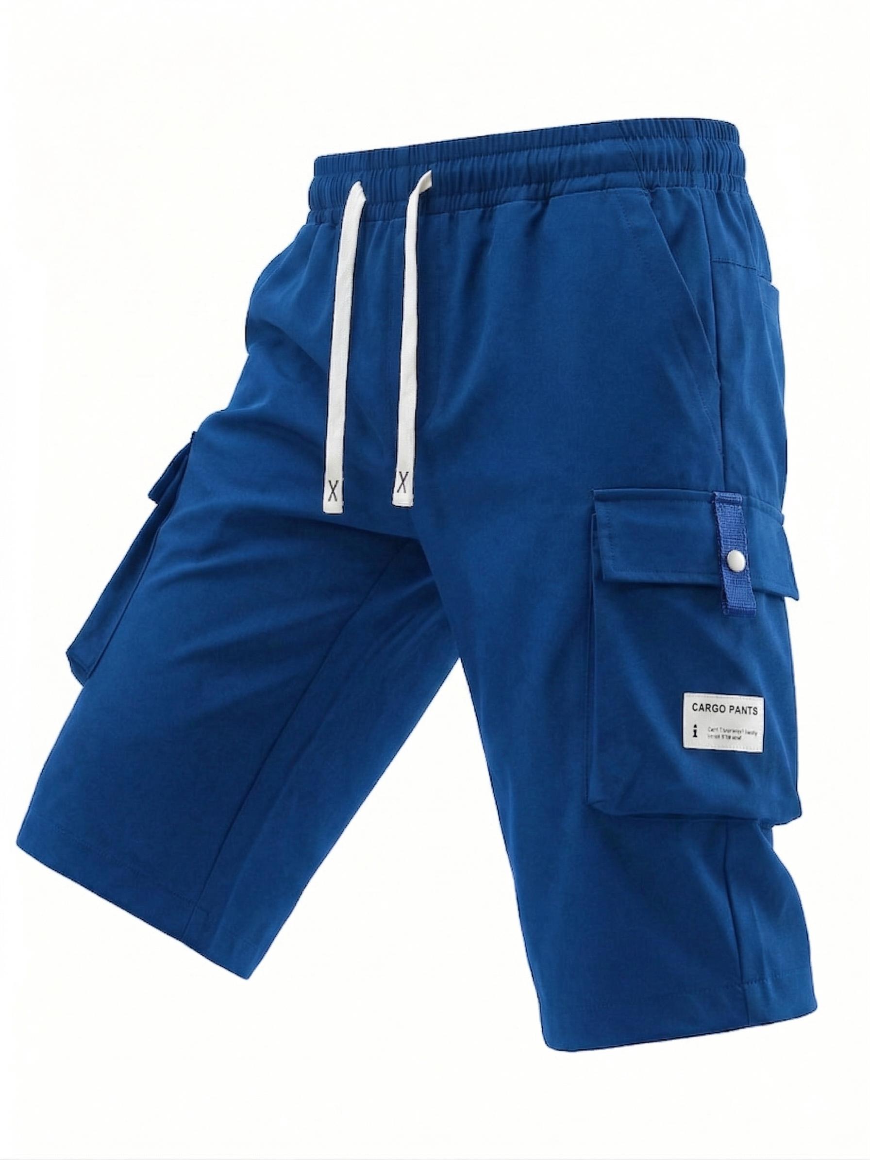 Men's Summer Casual Cargo Shorts - Elastic Drawstring Waist, Multiple Pockets & Letter Patch Design, Regular Fit Mid-Rise Non-Stretch Fabric for Daily Wear & Leisure Activities, Nontransparent Fabric