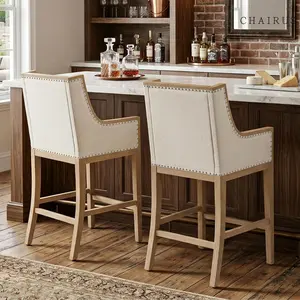 【Summervibes】CHAIRUS 26.5" Counter Height Bar Stools Set of 2, Upholstered Wood Barstools with Armrests, Farmhouse Bar Chairs for Kitchen/Island Pub/Restaurant, Linen Beige fathersdaygift