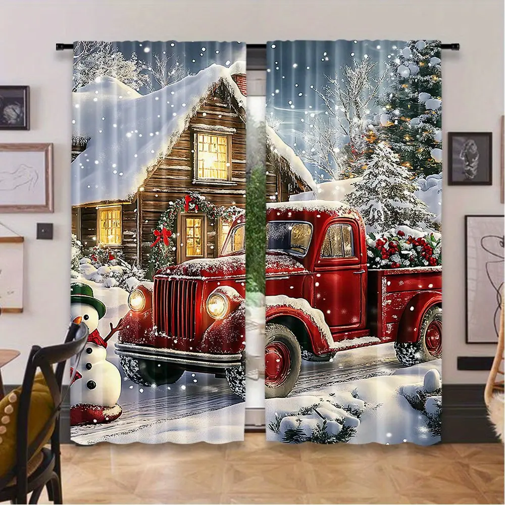 2-Piece set, Christmas curtains with red truck snowman winter pattern - semi-blackout rod hanging curtains, suitable for living room, bedroom, kitchen, bathroom, study home decoration, Christmas theme decoration, Christmas supplies.