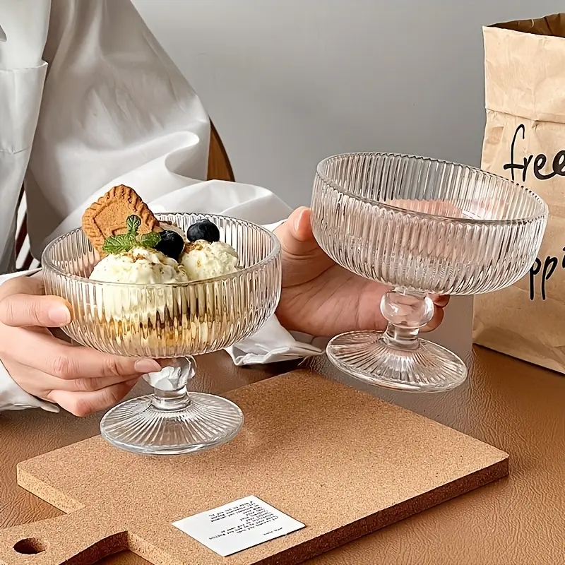 6/8 PCS Striped Sundae Ice Cream Glass Cups Transparent Glass Jelly Dessert Cups for Ice Cream Fruit Salad Cocktail Dessert Home Kitchen Tools