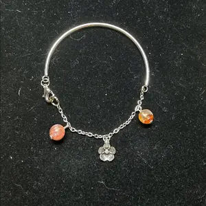 Half Bangle Bracelet with Fire Quartz Beads and Flower Accent - Silver Design with Orange Beads and Floral Charm