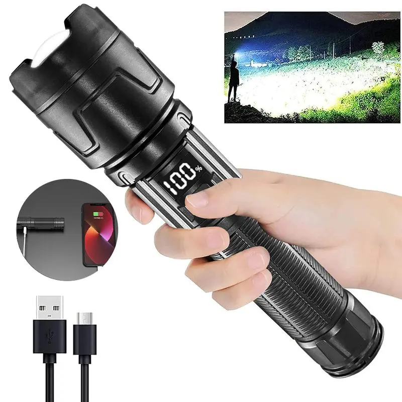 Rechargeable LED Flashlight with Digital Display, Zoomable Bright Torch, Waterproof Handheld Flash Light for Camping Emergency Hiking.