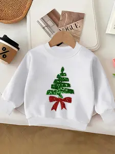 Girls' Christmas Tree Print Fleece Pullover Sweatshirt, Cute Sweatshirt, Casual Long Sleeve Round Neck Top for Fall & Winter, Comfortable Kids Clothing