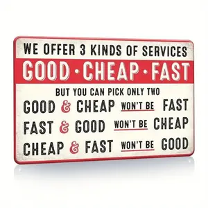 1pc Metal Signage Good Fast Humor Funny Vintage Style Metal Iron Signage Office Shop Work Funny Vintage Poster Wall Art Stickers Garage Shop or Man Cave 8x12 inches