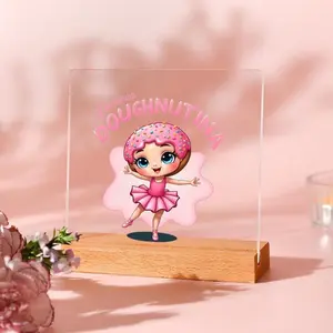 Ballerina Donut Centerpiece with Sprinkles - Kawaii Pink Tutu & Big Blue Eyes Clear Acrylic Display Stand Base, Ballet-Themed Desktop Ornament Suitable for, Gift for Ballet Dancers, Donut Lovers, or Office Decoration