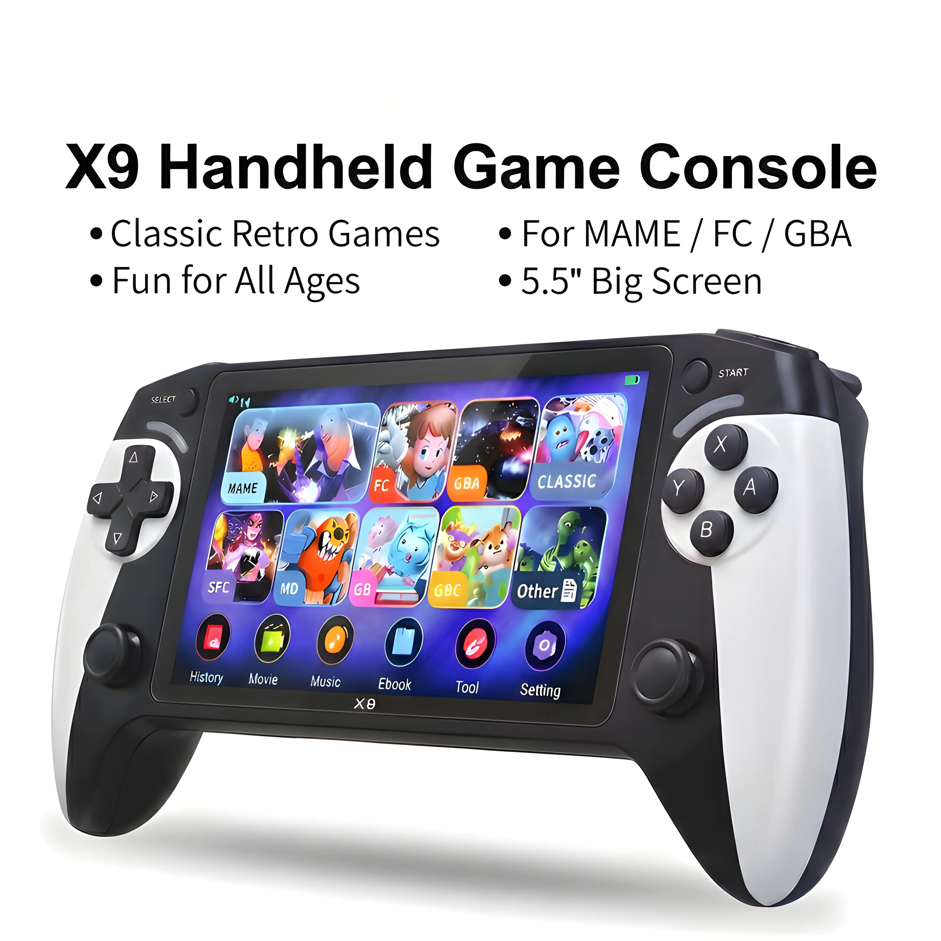 X9 Handheld Game Console Stick - 128GB Portable Gaming Device with 5.5in HD Screen, 3500 Built-in Classic Games Anytime Anywhere, 10 Emulators, Dual Joysticks, Black & White, Daily Entertainment Toy for Gamers