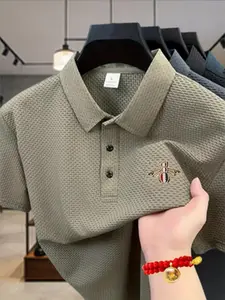 Men's 2026 Business Casual Polo Shirt, Trendy Bee Embroidery Design, Golf Short Sleeve Tee, Stand Collar Breathable Stretch, Polyester Material
