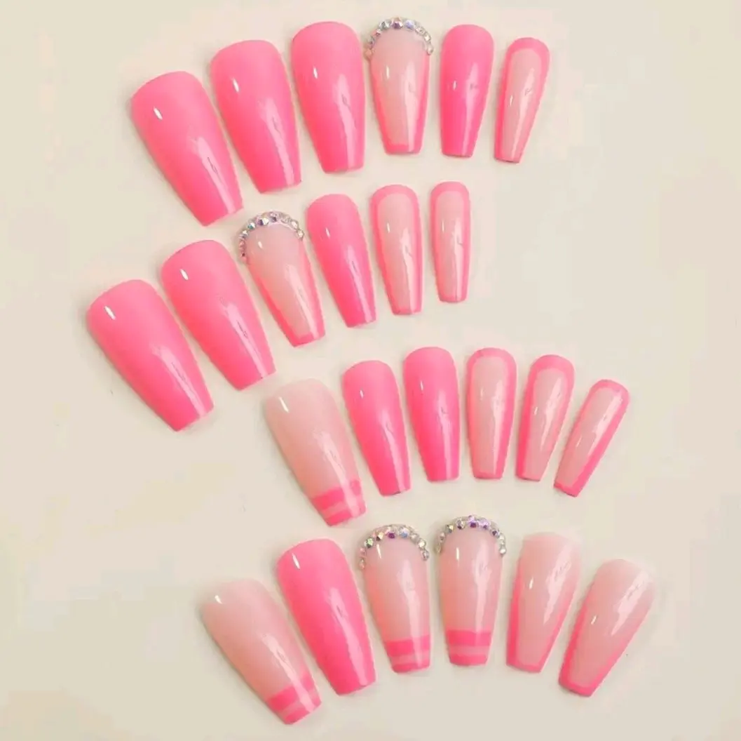 Long Coffin Pink W/ Rhinestones French Tip Press On Nails 24 CT