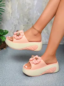 Women's Fashionable Bowknot Design Slippers, Casual Comfortable Platform Slippers for Indoor Outdoor Wear, Non-slip Soft Slippers for Daily Wear, Slide Slippers