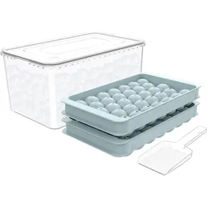 Round Ice Cube Tray with Lid & Bin Ice Ball Maker Mold for Freezer with Container Mini Circle Ice Cube Tray Making 66PCS Sphere Chilling Cocktail Whiskey Tea Coffee (2 Trays 1 Ice Bucket & Scoop)