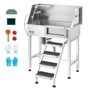 VEVOR 34" Dog Washing Station, Stainless Steel Pet Grooming Tub Bathtub, Professional Dog Wash Sink with Shower, Faucet, Soap Holder, Non-Slip Stairs Easy-Clean Design for Small Pets Cats (Right Door)