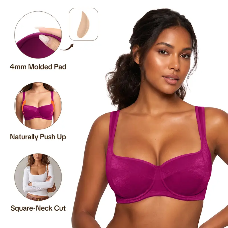 HSIA Starry Night 4mm Lightly Padded Plus Size Lifting Support Add 0.5-1 Cup Size Balconette Bra Underwire Glass Shimmer Fabric U Shaped Back Smoothing Wider Padded Straps Sexy Demi Low Cut Natural Push Up for Big Bust Women Daily Lingerie