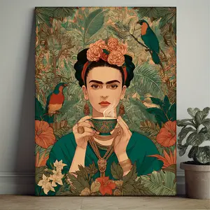 1-Piece Wood Framed Gallery Wrap Canvas Wall Art Print - 30.48x40.64cm Mexican Icons, Teacup, Jungle & Birds Self-Portrait Style 2D Print, Ready-to-Hang Home/Office Decor Collectible Poster