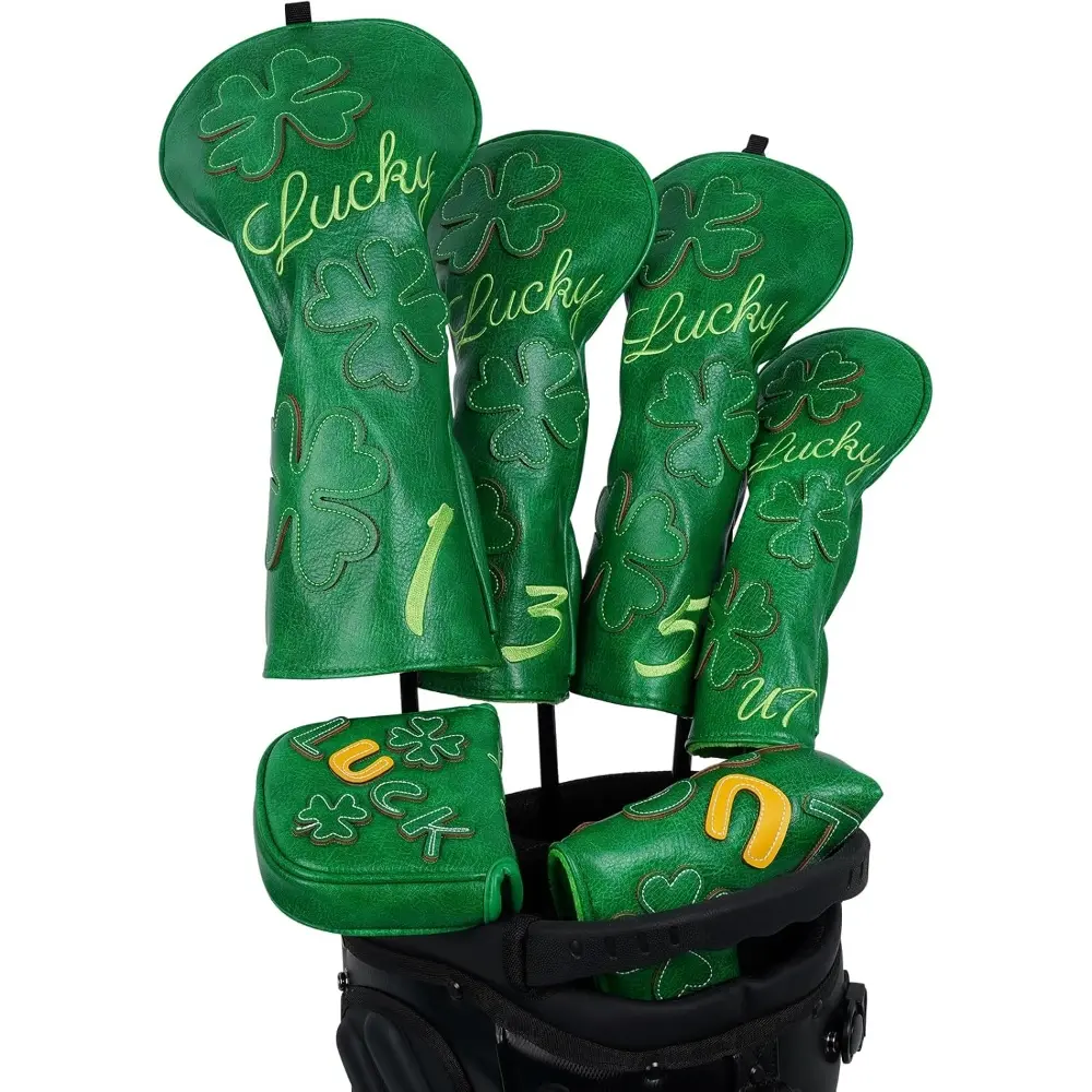 Golf Headcovers Golf Club Head Covers Four Leaf Clover Good Luck Charm - Clover Style Premium Leather Driver Fairway Wood Hybrid(UT) with Number Tags