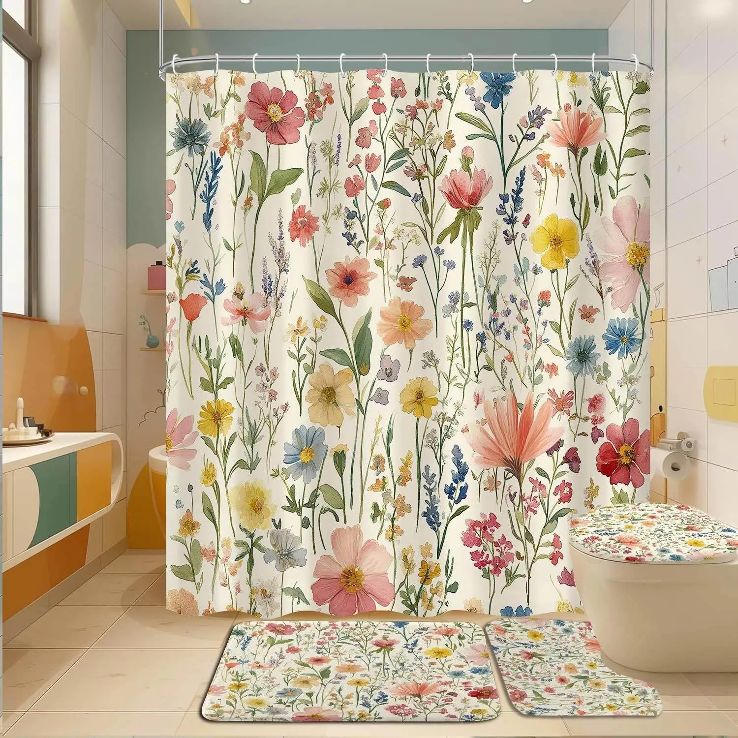 4-Piece Floral Bathroom Decor Set, Vintage Floral Shower Curtain Set with Non-Slip Feature, Shower Curtain, Flannel Bath Mat, U-Shaped Toilet Mat, Toilet Seat Cover