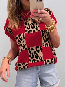 Leopard Checkerboard Short Sleeve Knit Sweater, This Leopard Checkered Sweater Is Stylish and Quality.