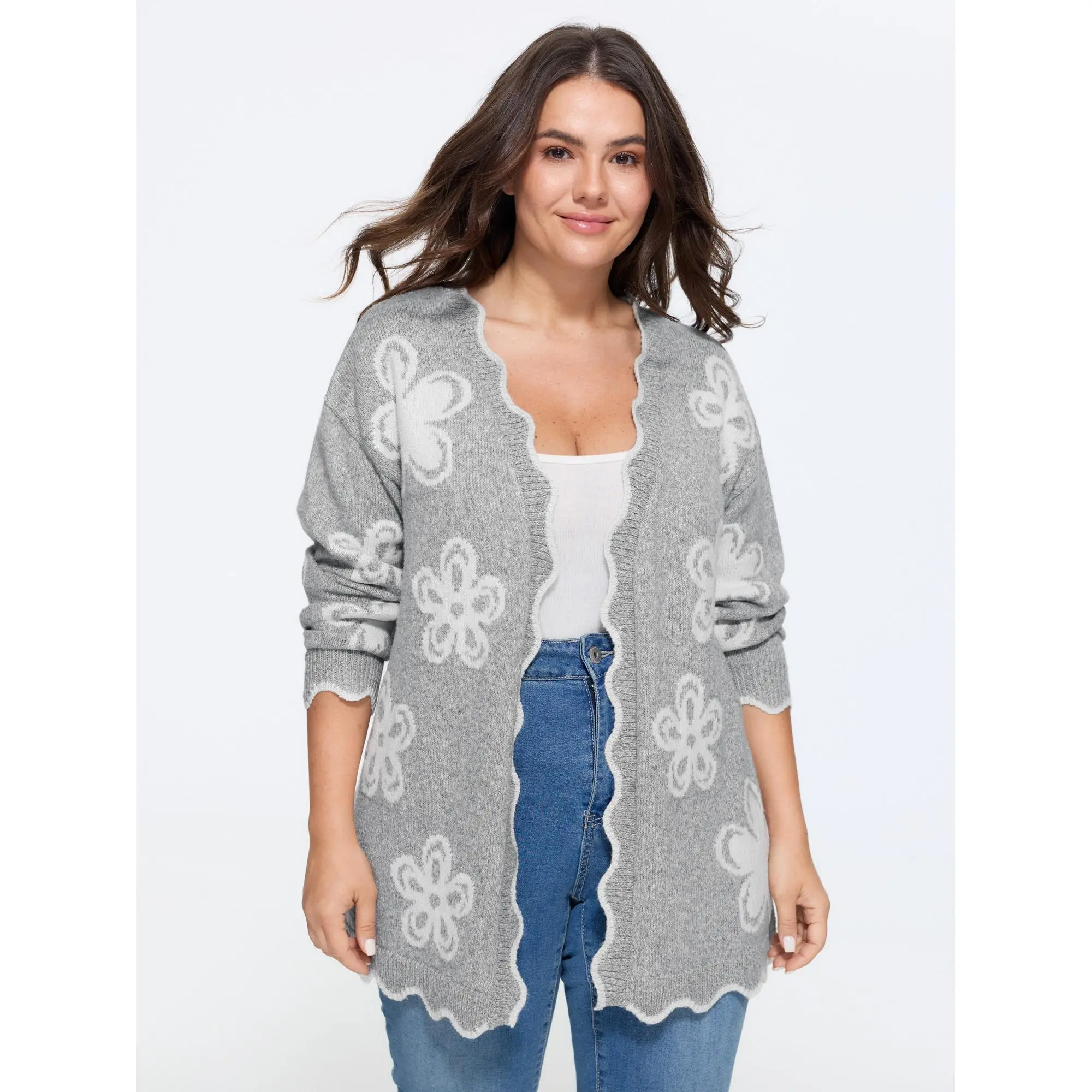 BLOOMCHIC Plus Size Floral Pattern Scalloped Hem Knit Cardian[M-6X] Back To School,Fall Pick